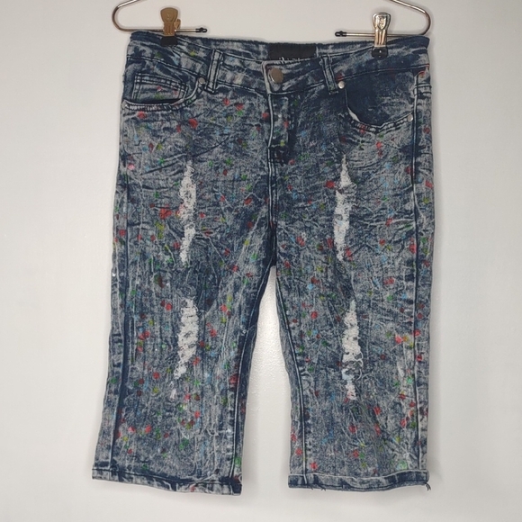 Dazi Distressed Blue Denim Jeans Women's Capris Size 7 Juniors Paint - Picture 1 of 10